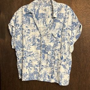Blue and white tropical pattern linen button down shirt